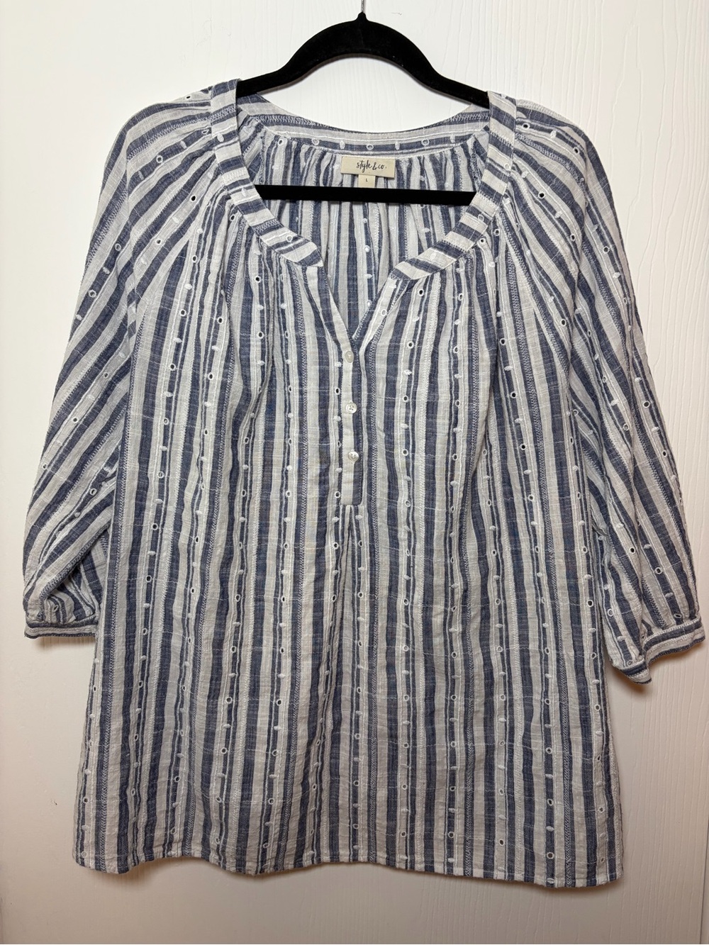 Style and Co. Navy and White Striped Peasant Tunic